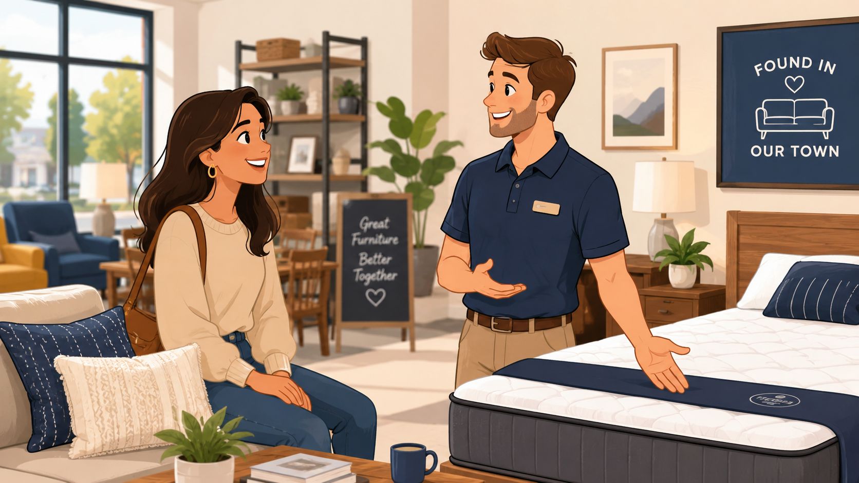 A friendly furniture store associate assists a customer by pointing at a comfortable mattress in a showroom.