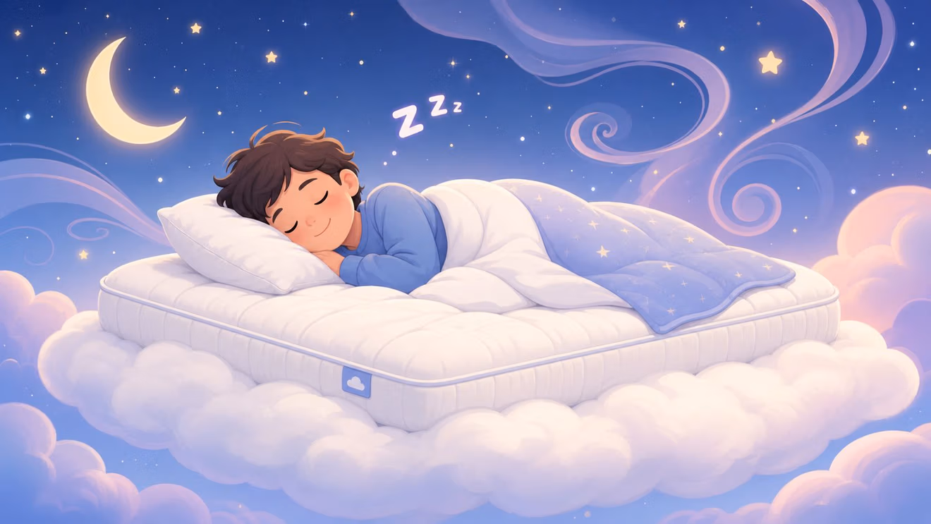A peaceful young child sleeping soundly on a comfortable mattress floating above soft fluffy clouds at night.