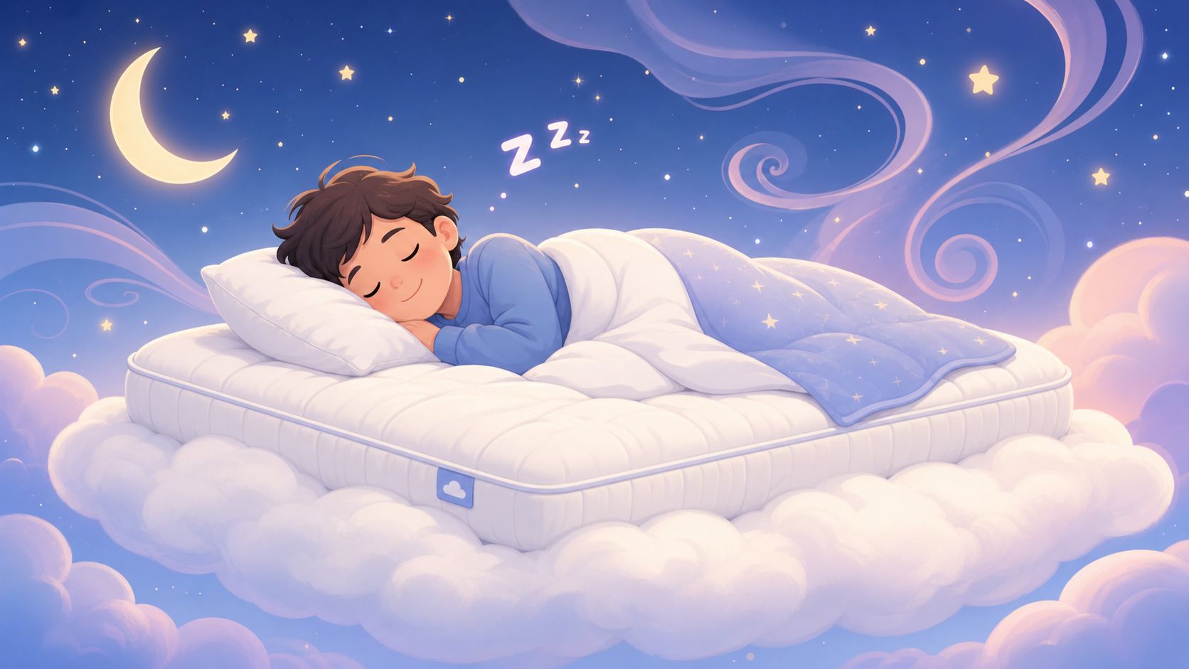 A peaceful young child sleeping soundly on a comfortable mattress floating above soft fluffy clouds at night.