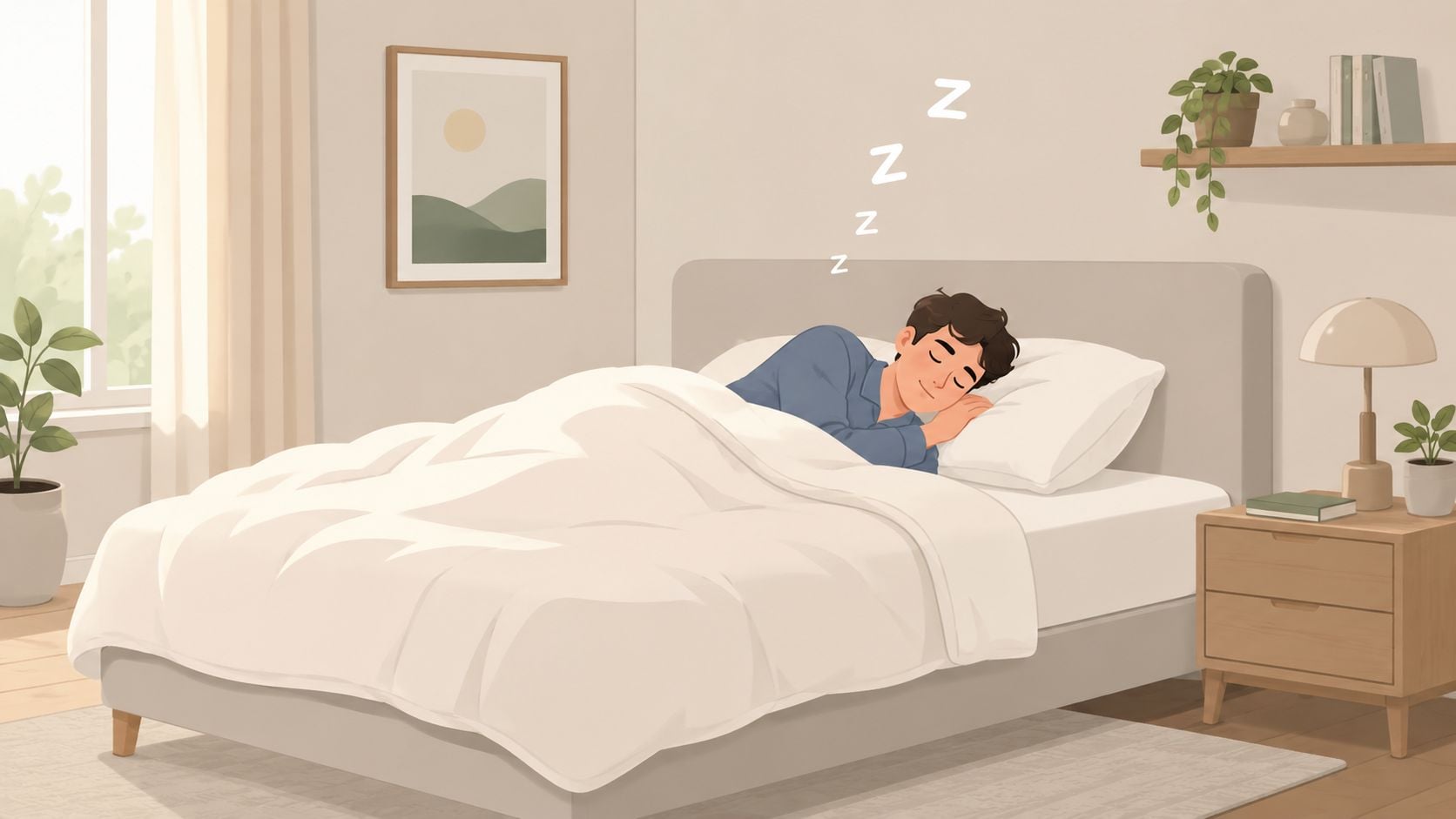 A young man sleeping peacefully in a comfortable bed within a cozy, modern bedroom setting.