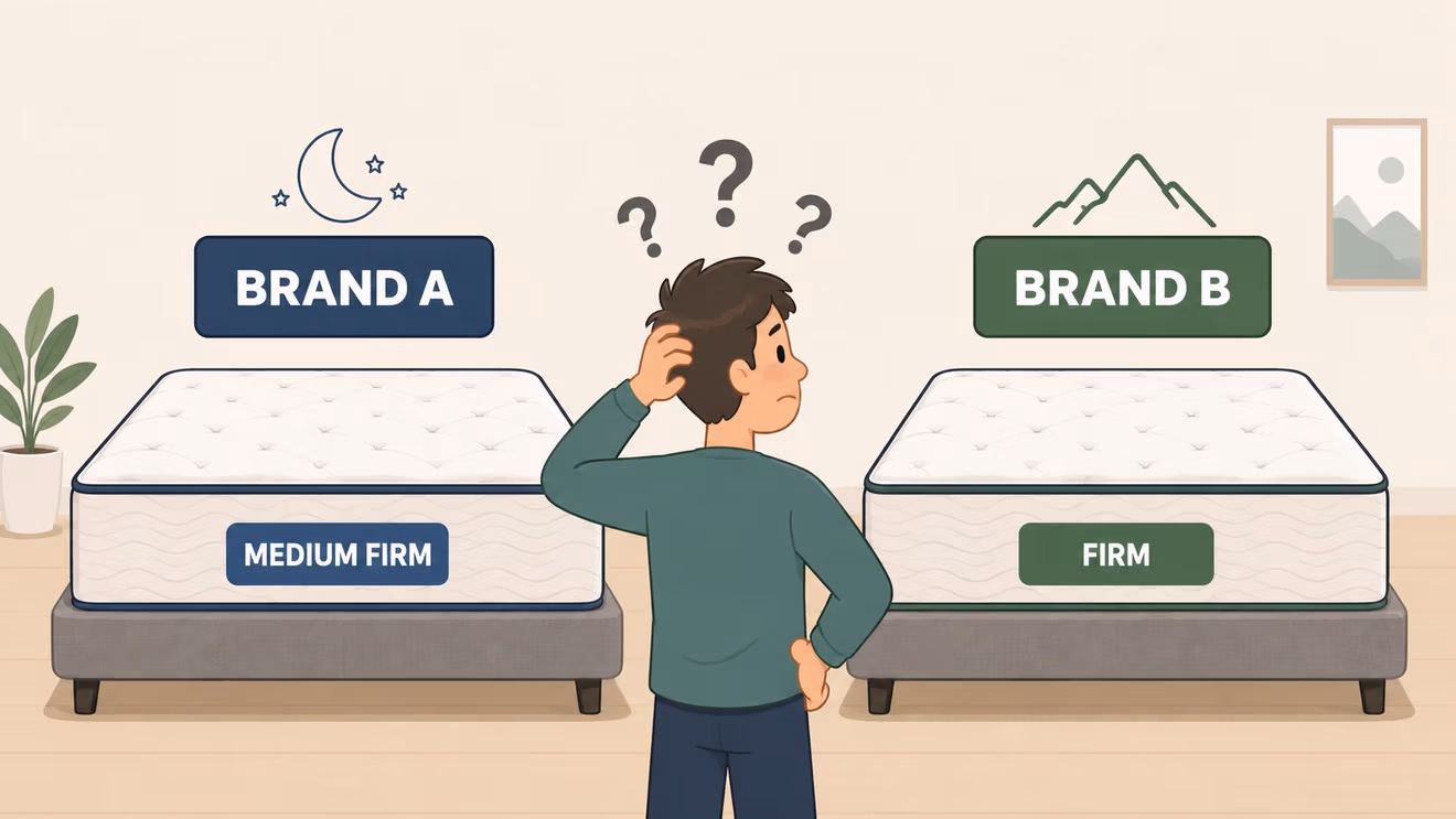 A confused person deciding between a medium firm mattress from Brand A and a firm Brand B.