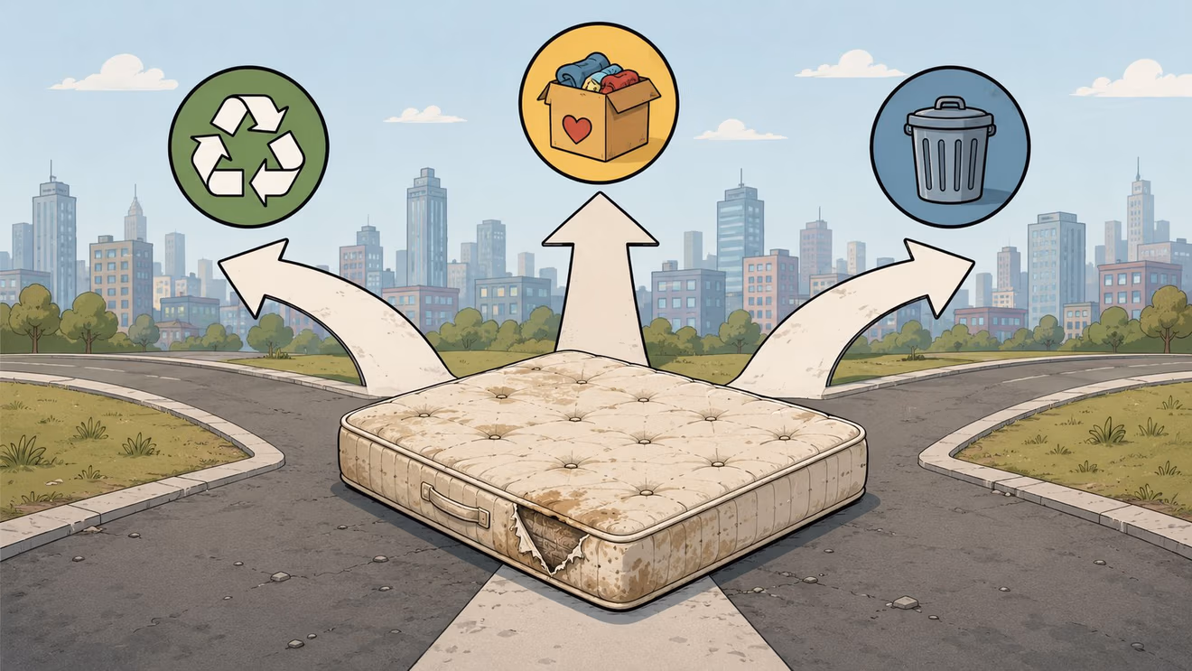 A mattress lying in the middle of a crossroads with arrows pointing towards recycling, donation, and trash.