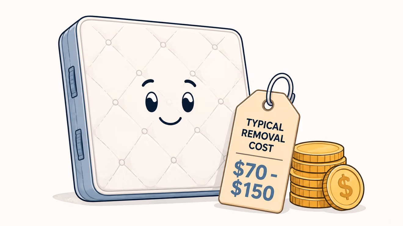 A friendly cartoon mattress next to a price tag showing typical removal cost between 70 and 150 dollars.