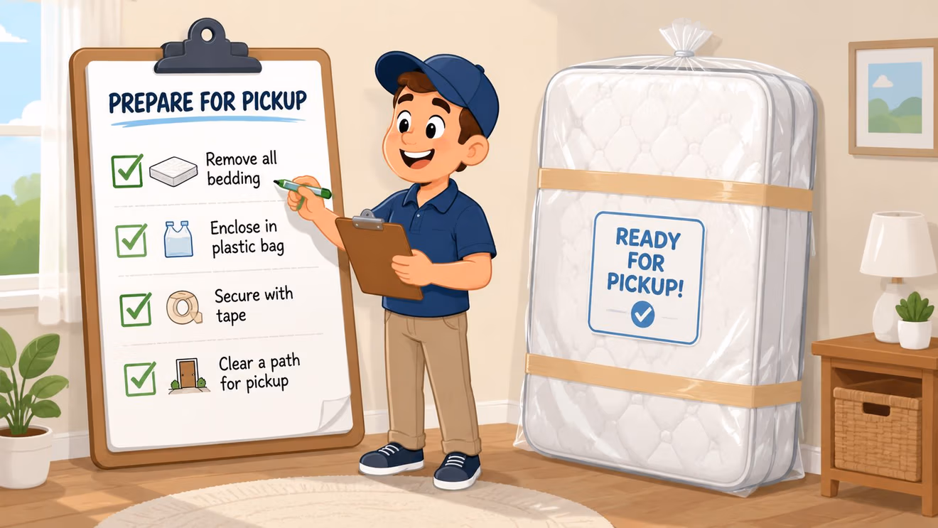 A friendly delivery worker standing next to a mattress wrapped in plastic for professional removal service.