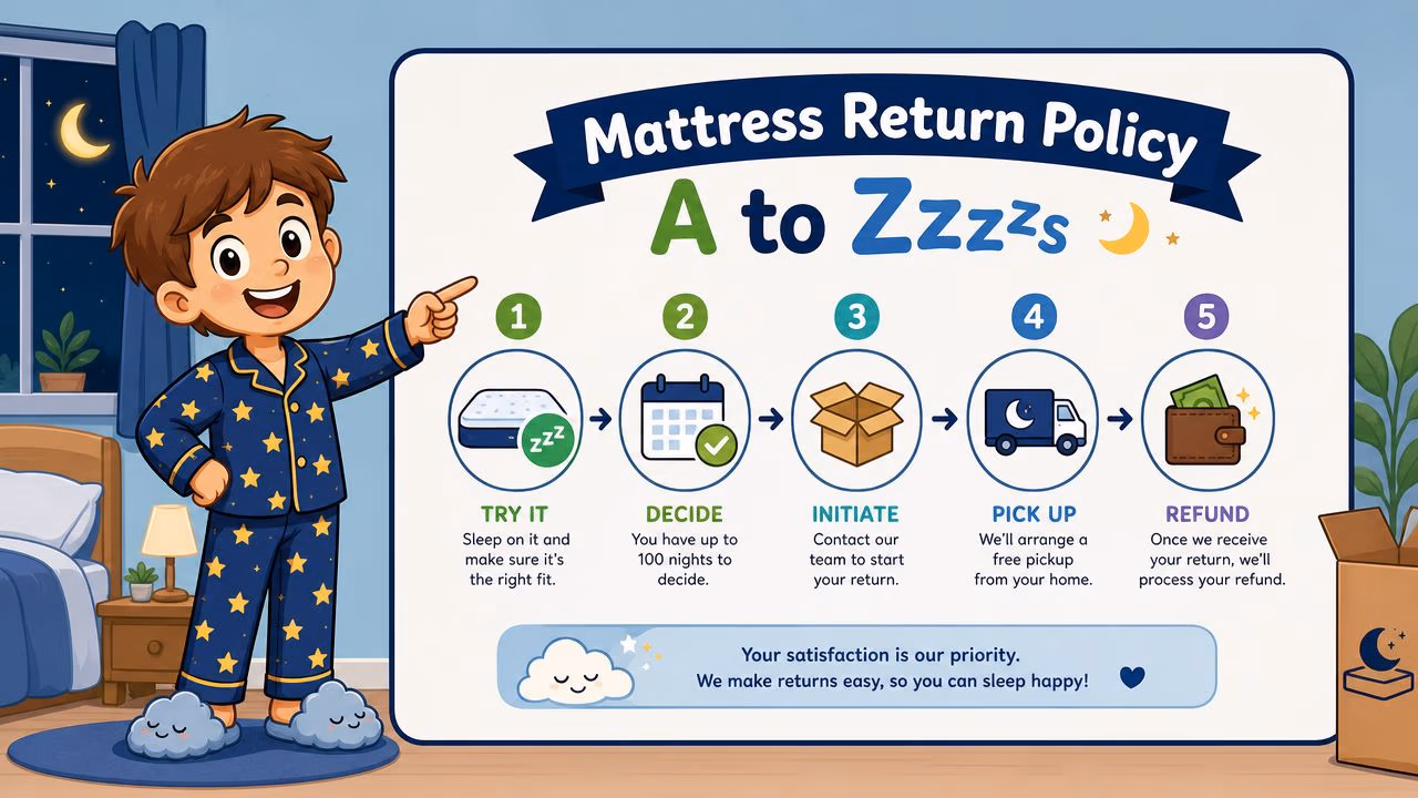 A happy child in star pajamas pointing to a five-step infographic explaining a mattress return policy.