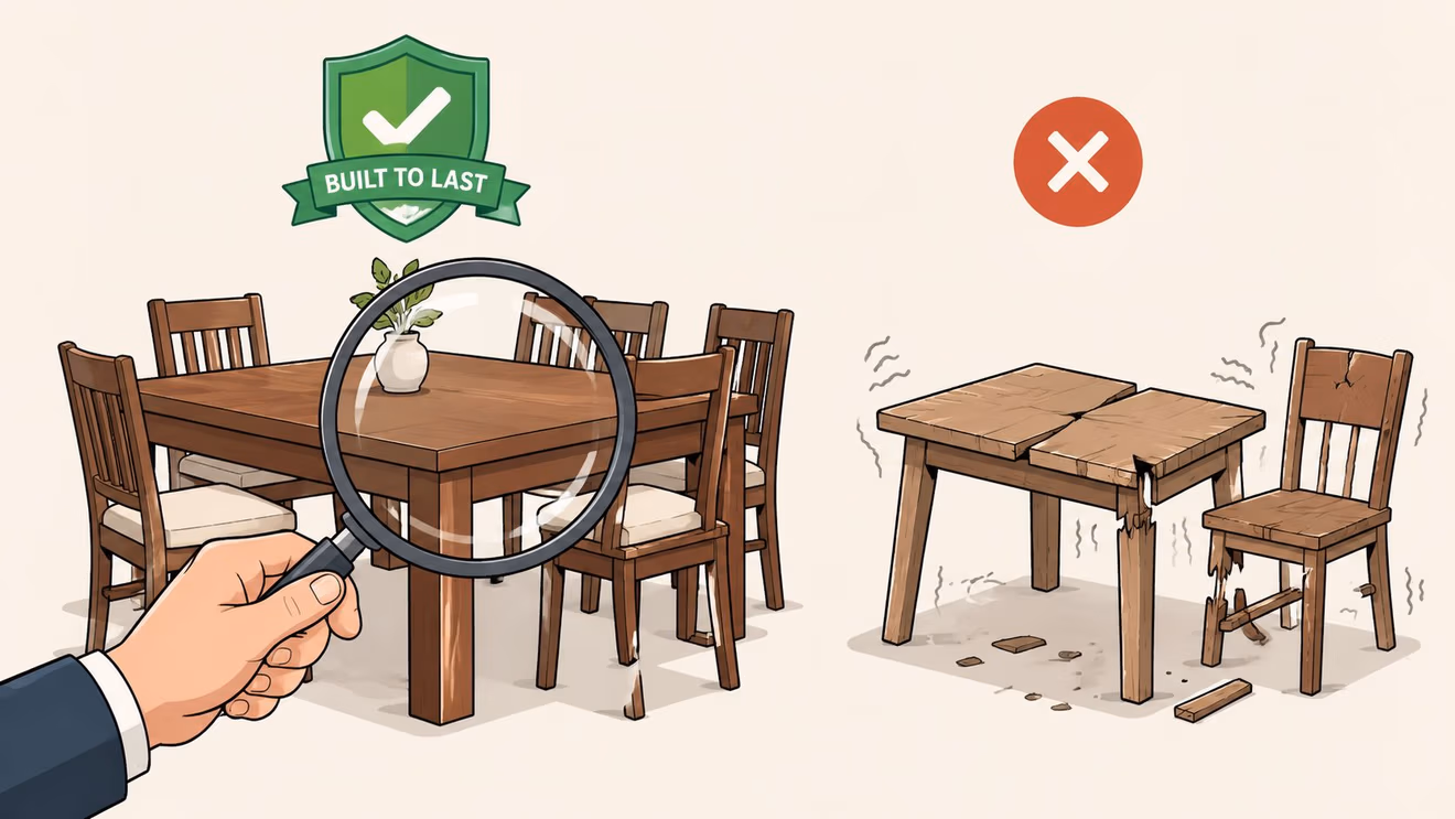A magnifying glass inspecting a sturdy wooden dining table set, contrasted with a broken, unstable table and chair.
