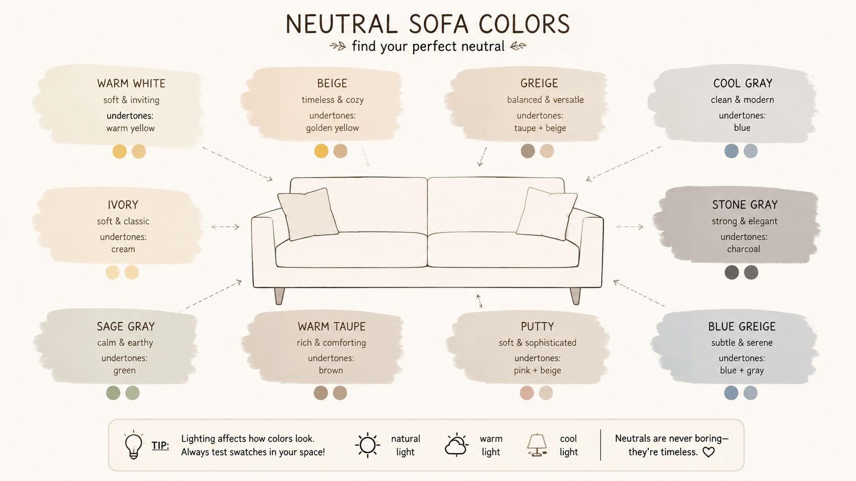 A visual guide presenting various neutral sofa color options with their specific undertones and design characteristics.