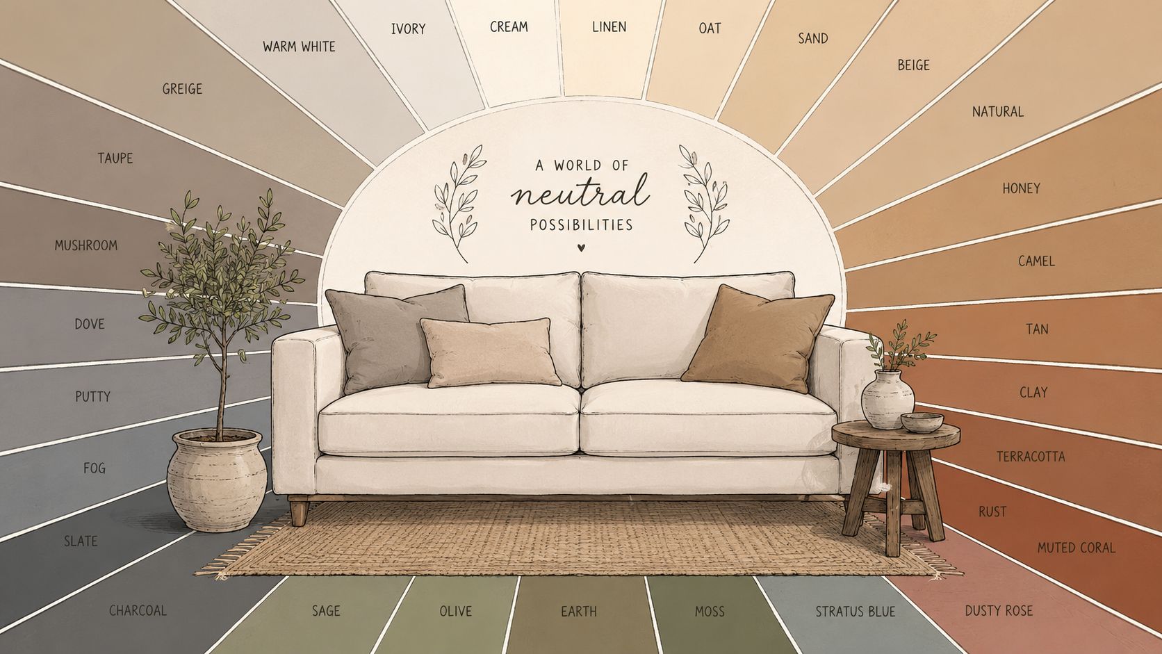 A color palette illustration featuring a central beige sofa surrounded by various neutral tone swatches arranged radially.