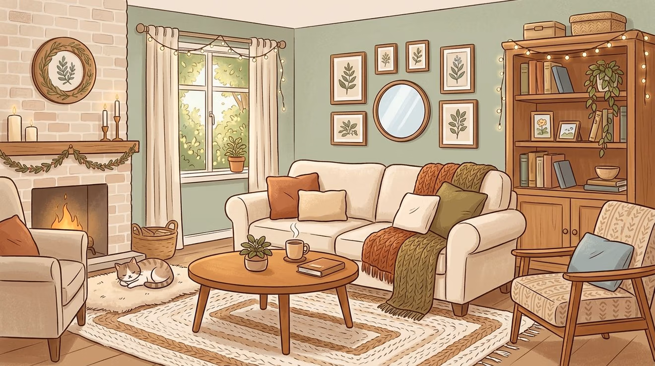 A cozy, illustrated living room with a neutral-colored sofa, warm fireplace, sleeping cat, and autumnal decor.
