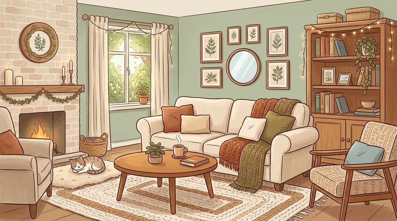 A cozy, illustrated living room with a neutral-colored sofa, warm fireplace, sleeping cat, and autumnal decor.