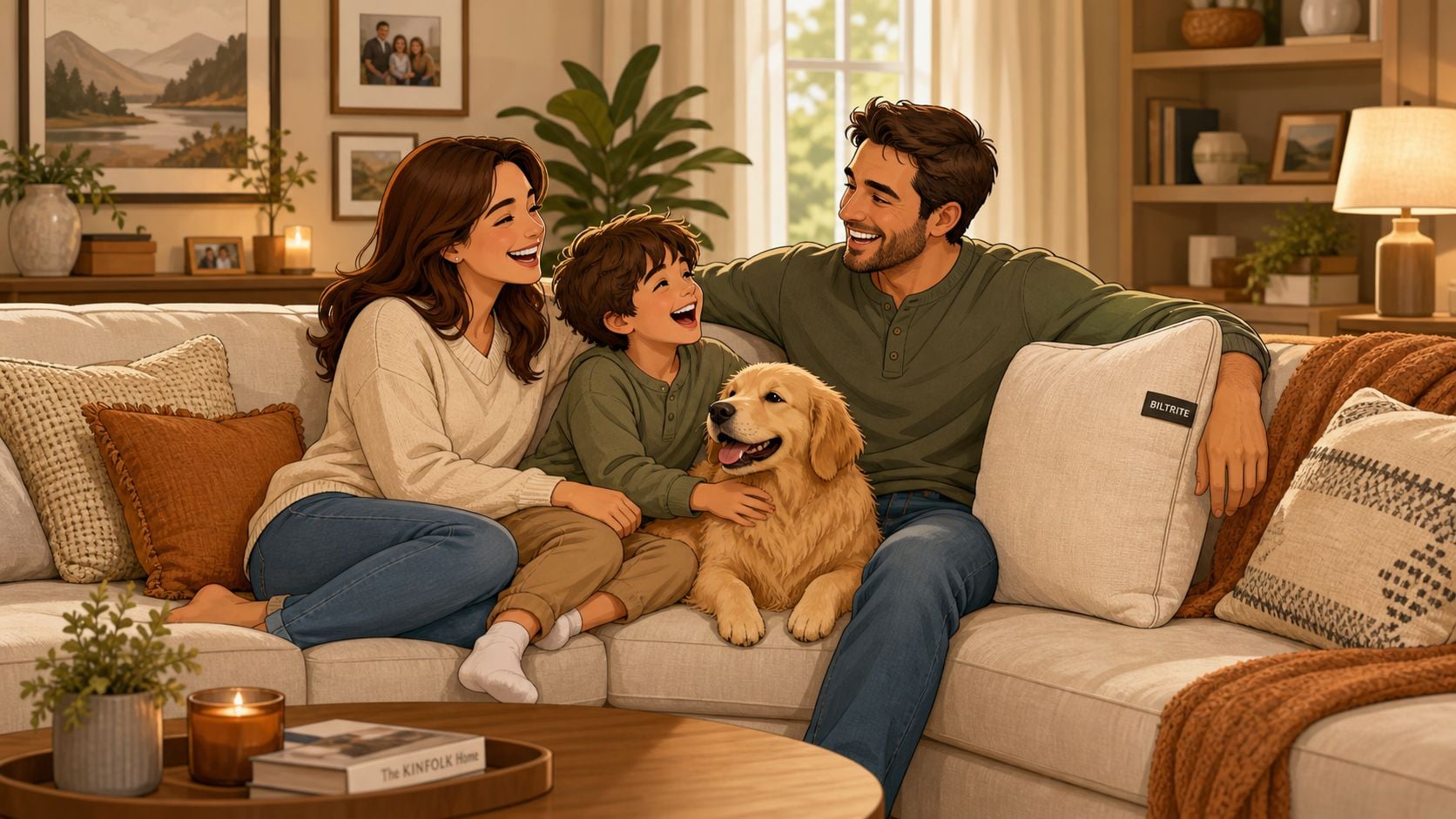 A happy family sitting on a comfortable neutral colored sofa with their golden retriever dog at home.