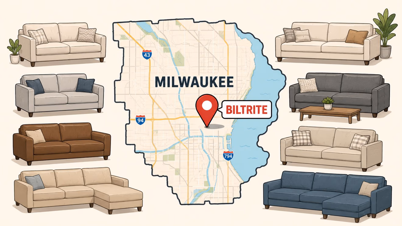 A map of Milwaukee highlighting Biltrite furniture store surrounded by various styles and colors of sofas.