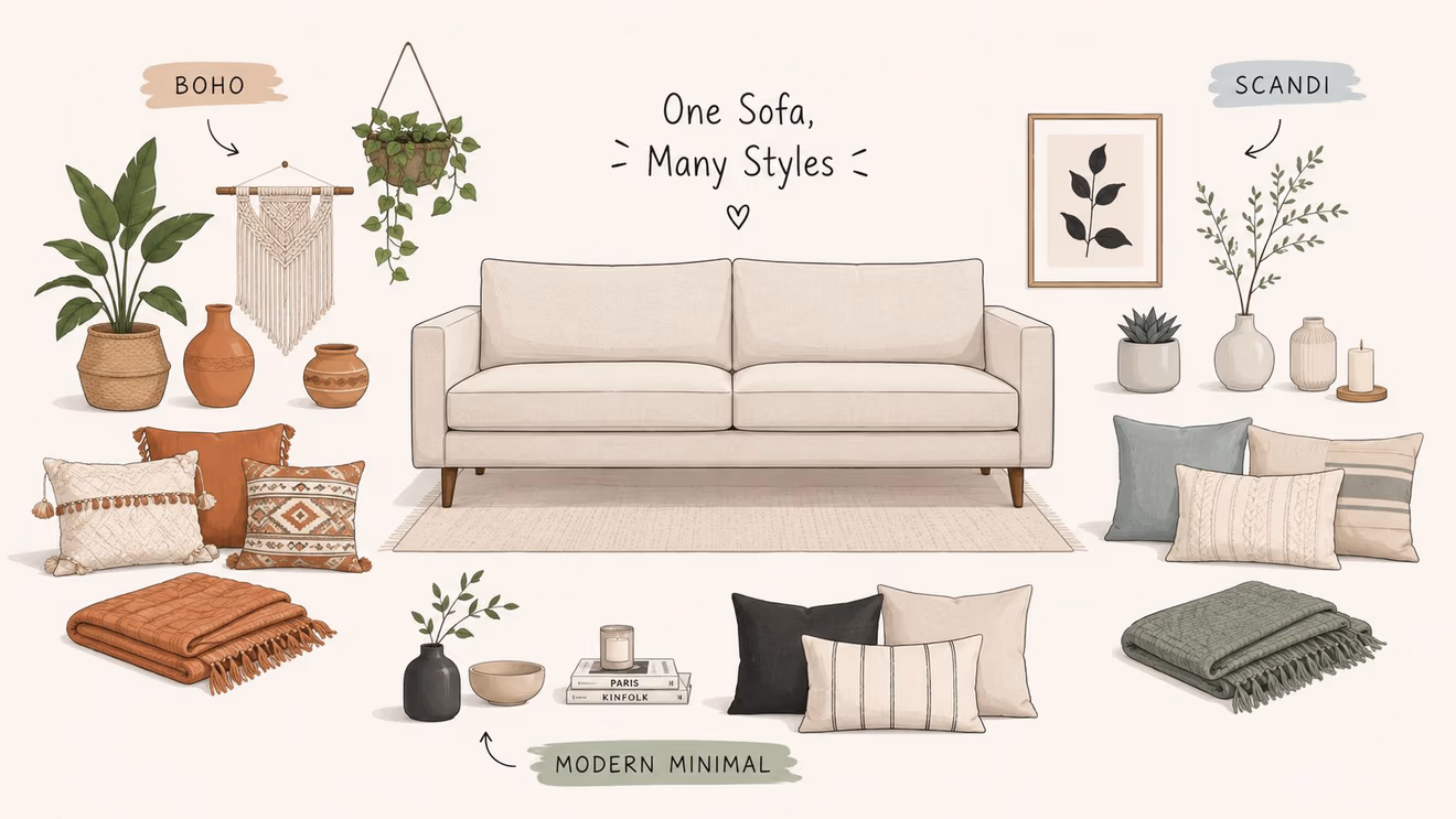 A beige sofa surrounded by diverse decorative accessories styled for Boho, Scandi, and Modern Minimalist interior designs.