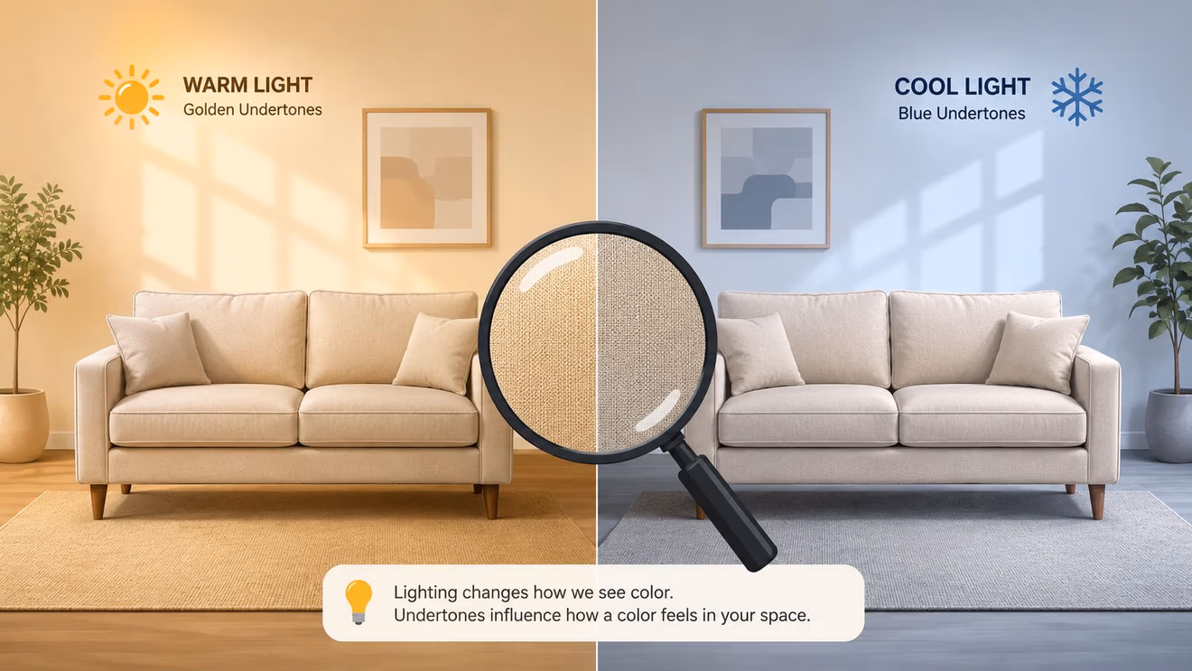 A split comparison showing the same beige sofa under warm golden lighting and cool blue lighting.