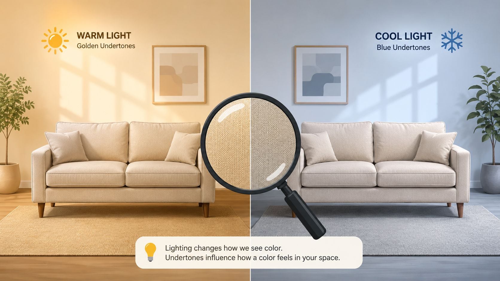 A split comparison showing the same beige sofa under warm golden lighting and cool blue lighting.