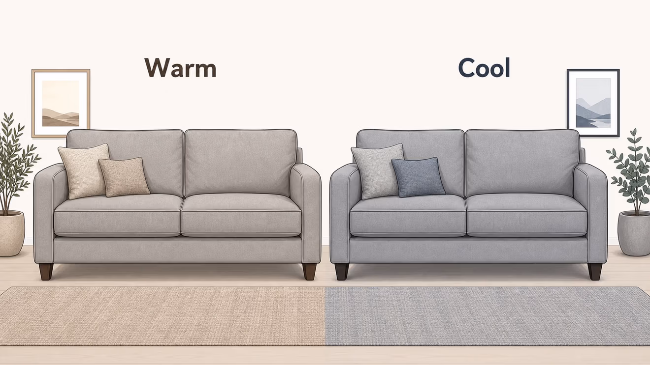 A comparison between a warm-toned neutral sofa and a cool-toned neutral sofa in a modern room.