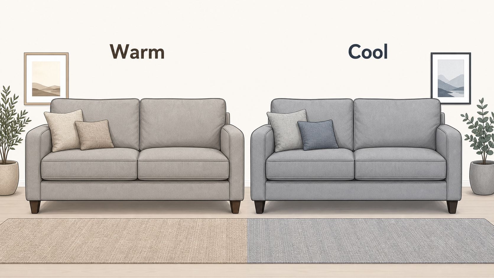 A comparison between a warm-toned neutral sofa and a cool-toned neutral sofa in a modern room.