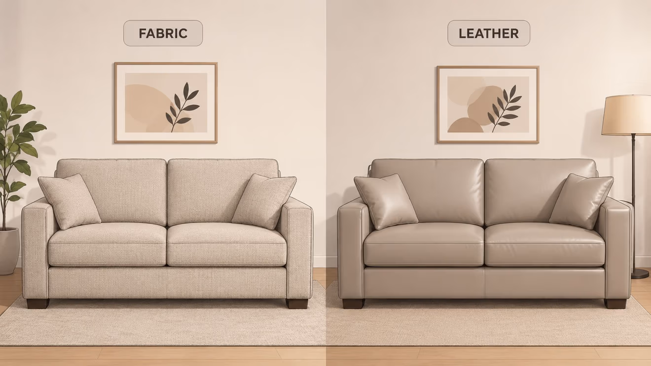 A split image comparing a neutral fabric sofa and a leather sofa in a bright living room.