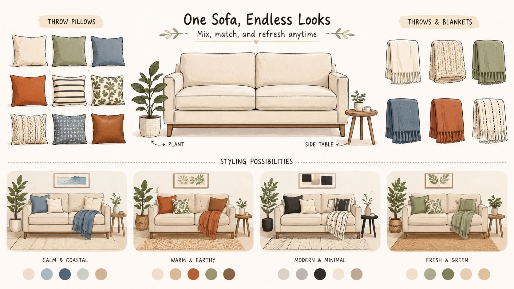 A design infographic showing a neutral sofa with various pillow and blanket styling options and palettes.