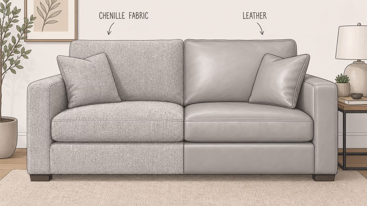A split-screen illustration showing a sofa upholstered in textured chenille fabric on the left and smooth leather on the right.
