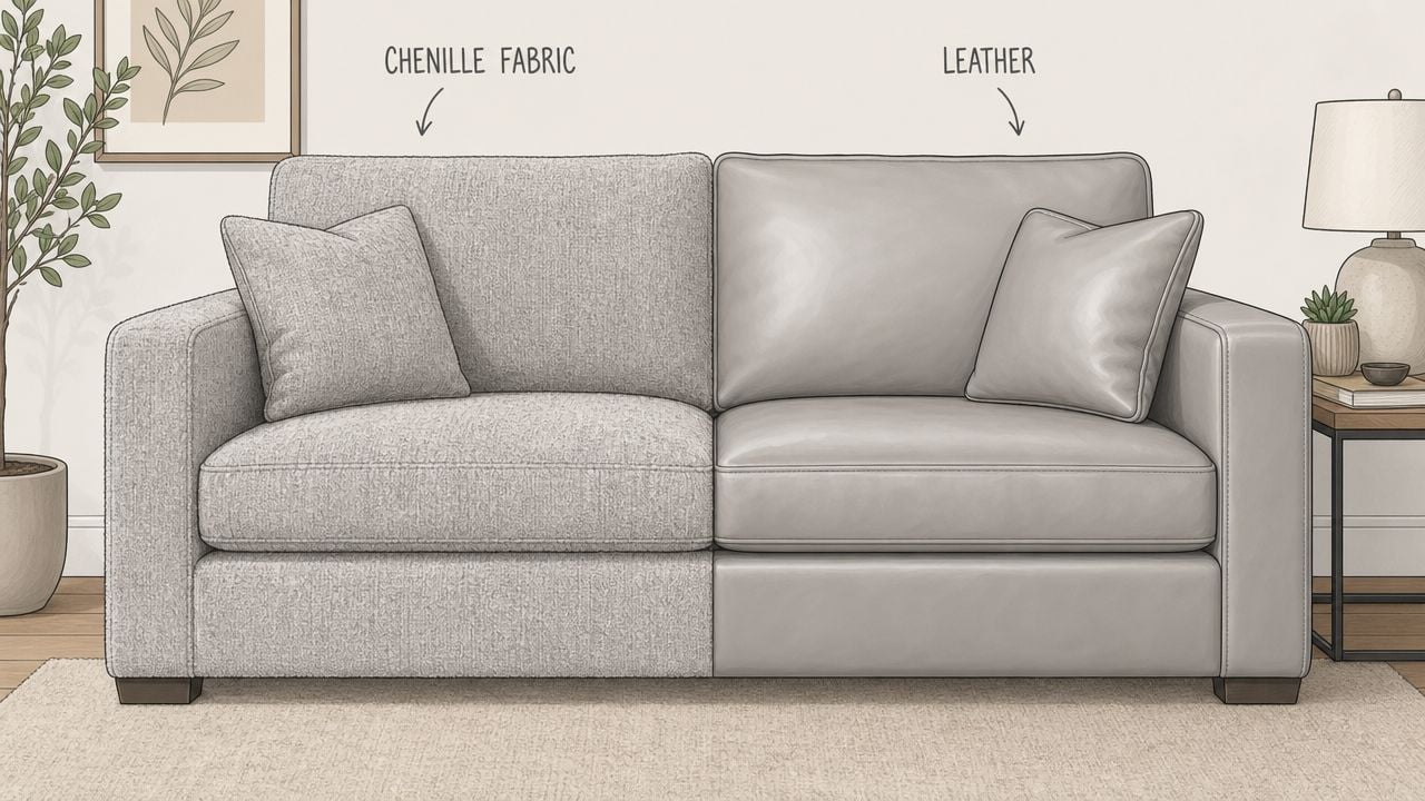 A split-screen illustration showing a sofa upholstered in textured chenille fabric on the left and smooth leather on the right.
