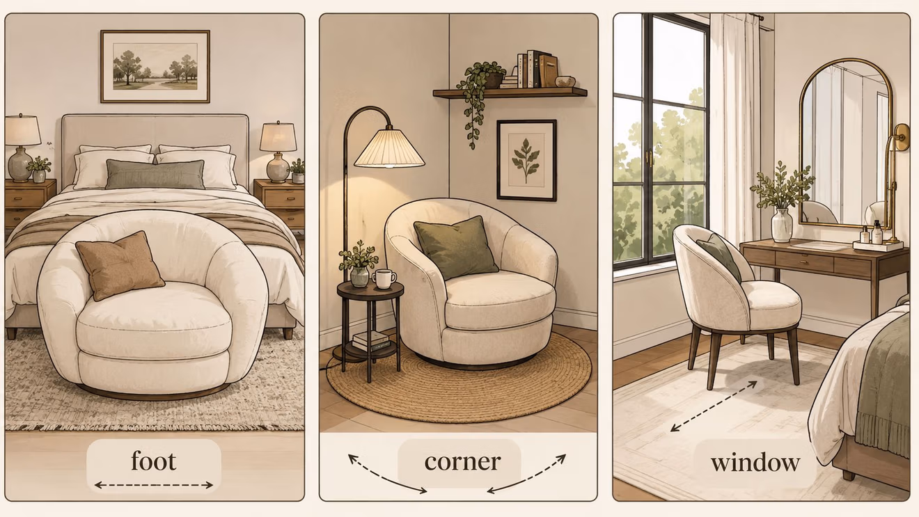 Three design concepts displaying versatile placement options for an oversized white accent chair in a bedroom.