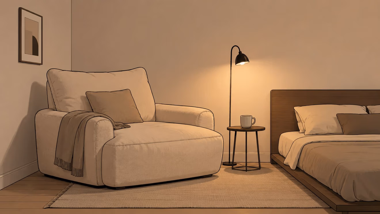 A cozy bedroom corner featuring a plush oversized armchair with a throw blanket and a bedside lamp.