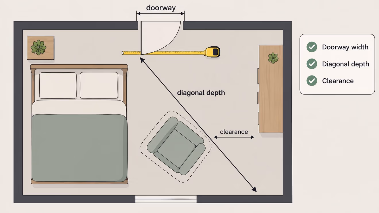 A floor plan diagram showing how to measure a bedroom for fitting an oversized accent chair.