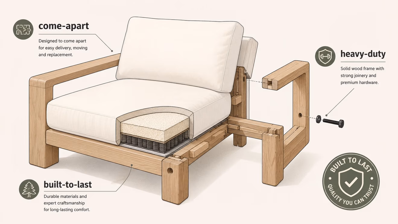 A detailed 3D cutaway illustration showing the modular construction, solid wood frame, and cushioned seating of an oversized chair.