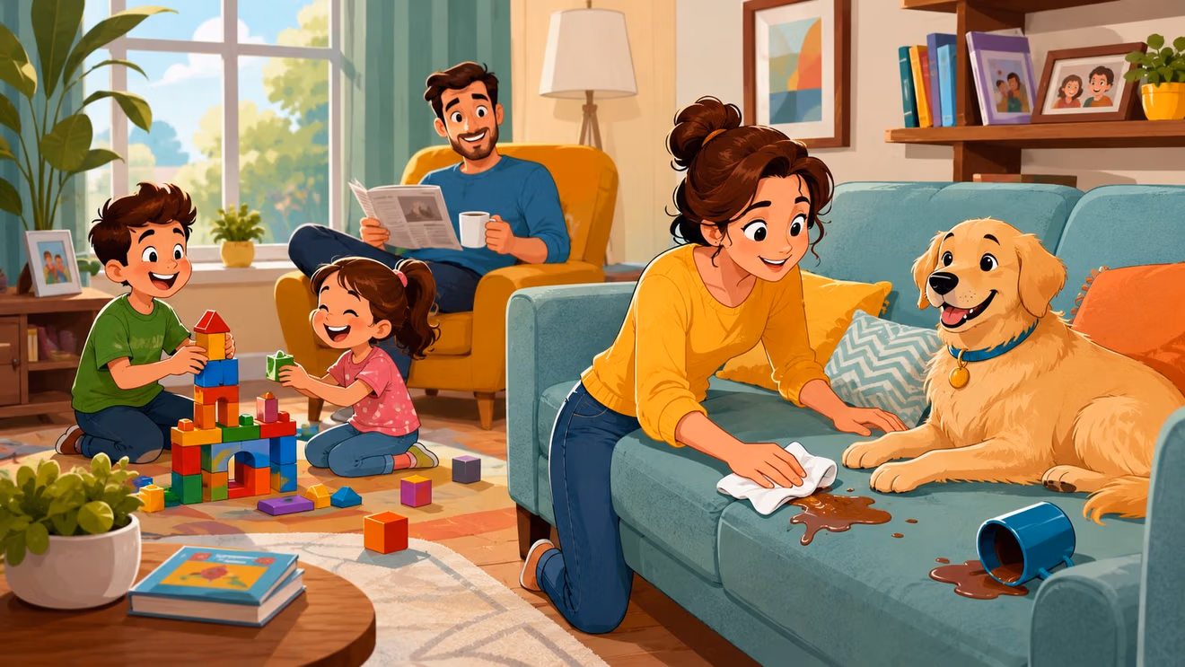 A family enjoys a cozy living room with a mother cleaning a spill on performance fabric furniture.