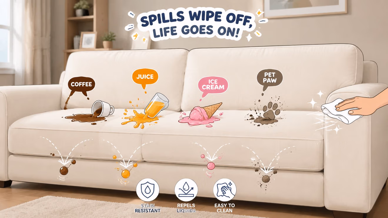 A stain-resistant cream sofa demonstrating easy cleaning of coffee, juice, ice cream, and pet paw prints.