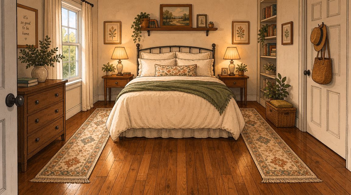 A cozy bedroom with a metal bed, wooden furniture, and two area rugs on the wooden floor.