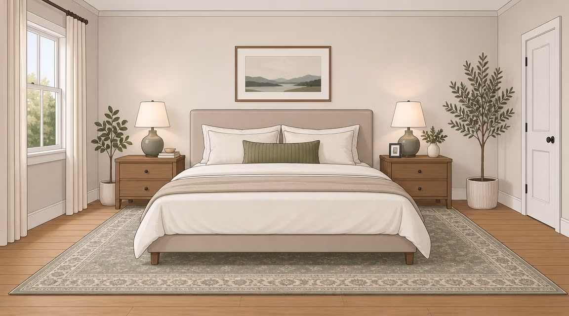 A cozy, minimalist bedroom featuring a king-size bed centered on an elegant area rug with wooden accents.