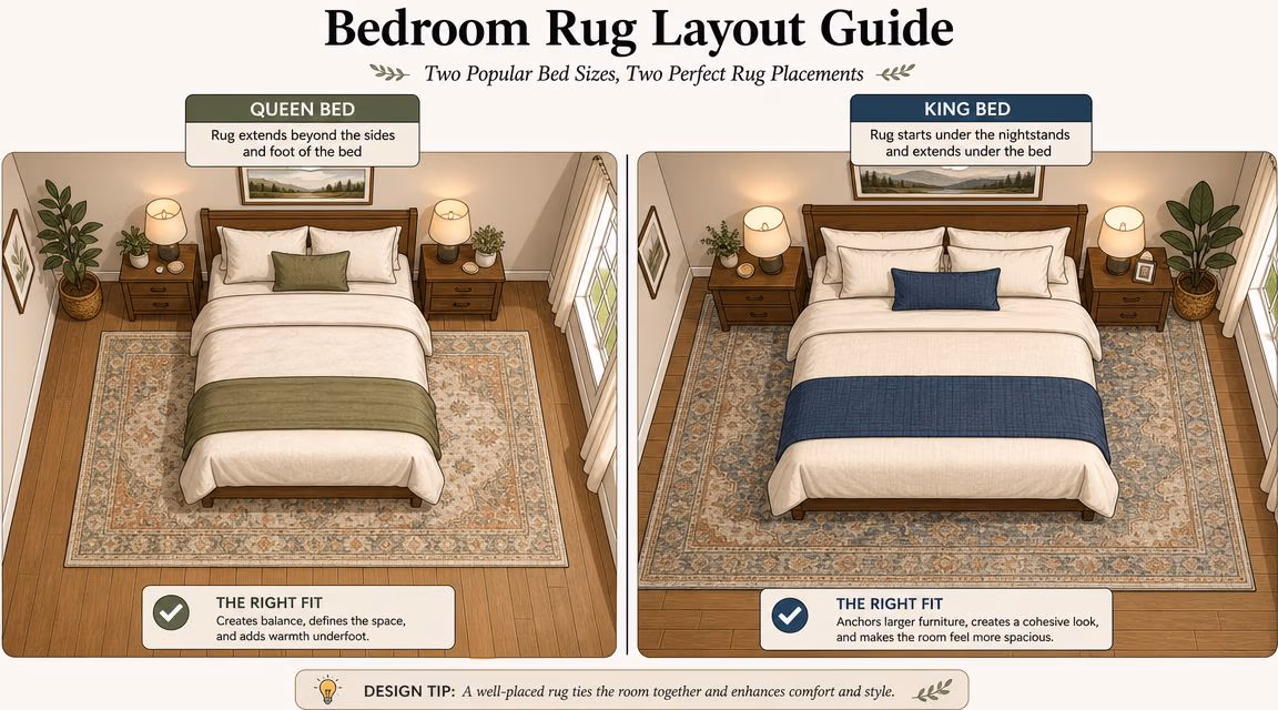 A bedroom rug layout guide illustrating the correct rug placement for both queen and king sized beds.