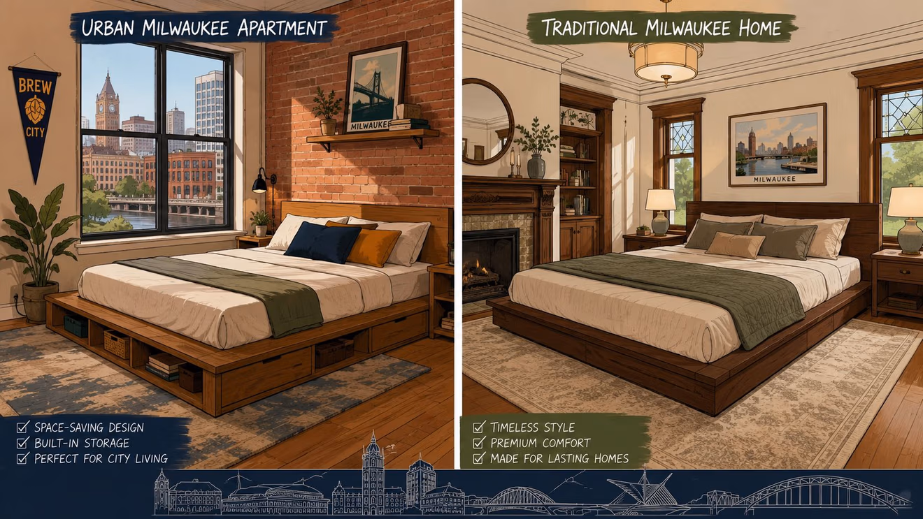 A split image comparing a modern urban apartment and a traditional home both featuring platform beds.