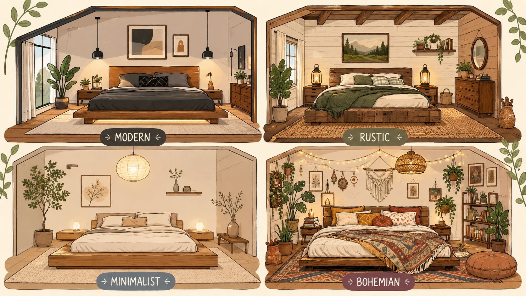 Four different bedroom interior designs featuring modern, rustic, minimalist, and bohemian platform bed styles with unique decor.