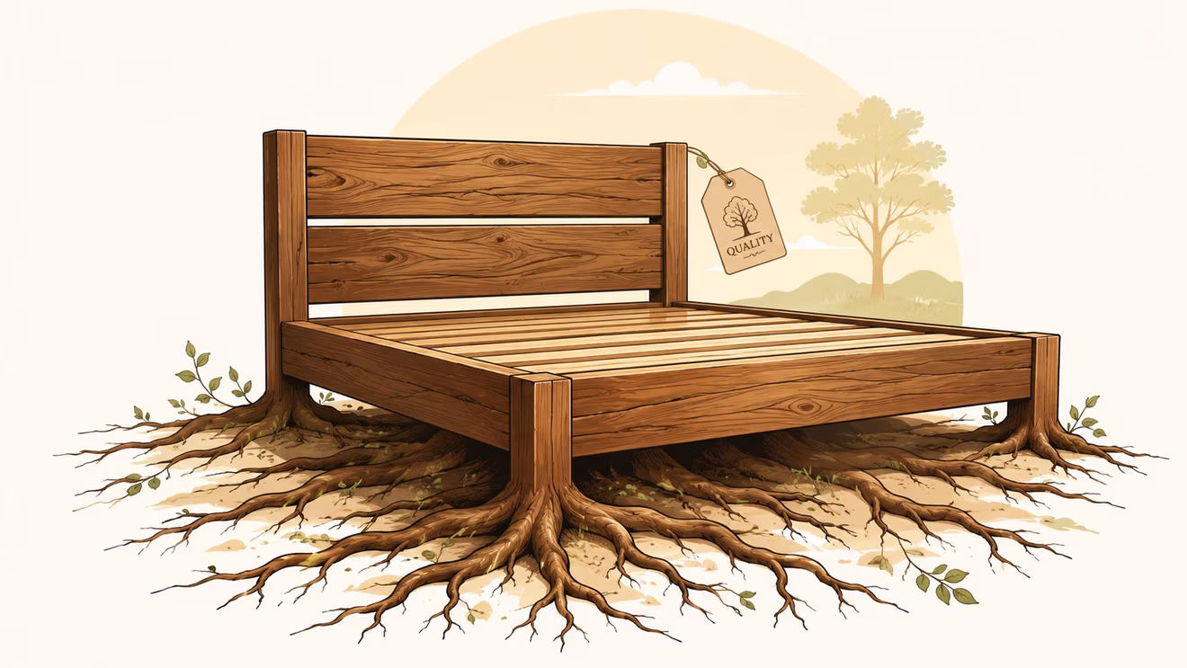 A wooden platform bed frame designed with tree roots extending from its base into the ground.