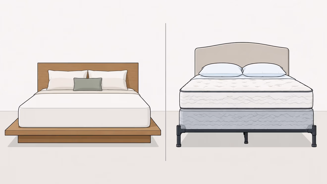 A comparative illustration showing a low profile platform bed frame next to a traditional box spring bed.