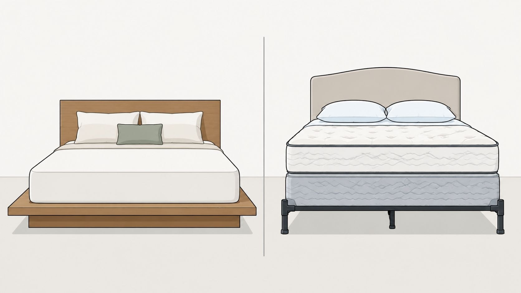 A comparative illustration showing a low profile platform bed frame next to a traditional box spring bed.