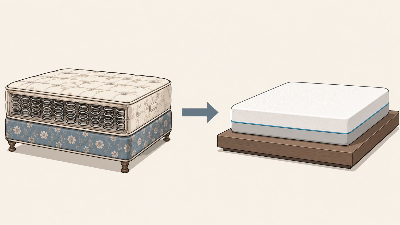 A split illustration comparing a traditional innerspring mattress with a box spring to a modern foam mattress on a platform bed.