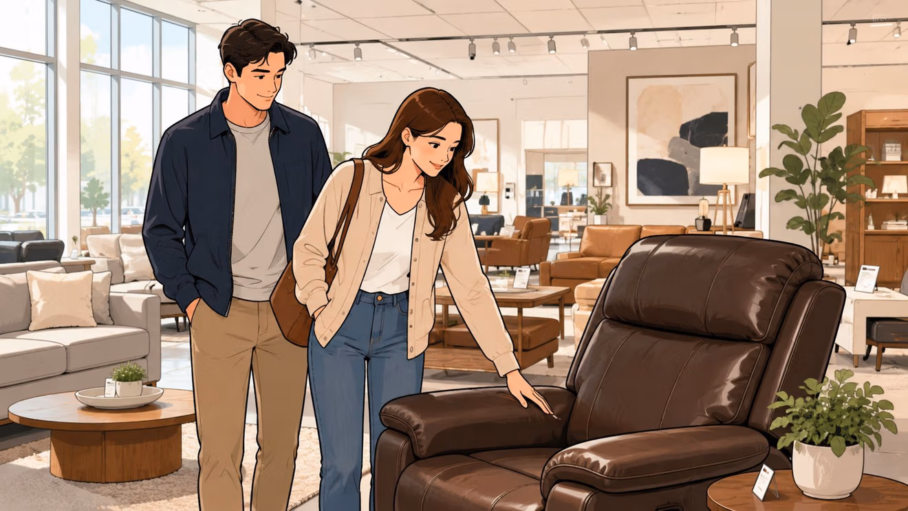 A young couple shopping for furniture, looking at a brown leather recliner in a modern showroom.