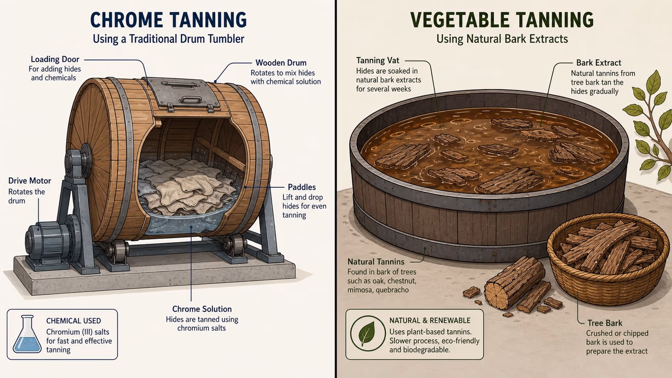 An infographic comparing the industrial chrome tanning process with the traditional natural vegetable tanning method.