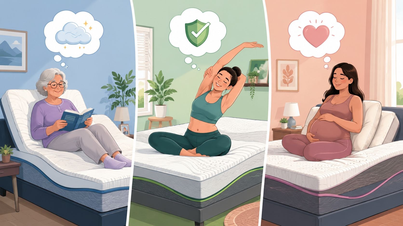 Three women using adjustable mattresses in different life stages, enjoying comfort, health, and relaxation at home.