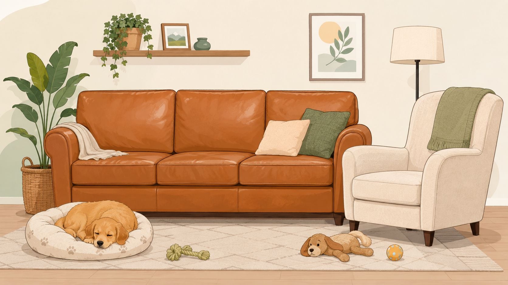 A cozy living room featuring a tan leather sofa, an armchair, and a golden retriever puppy sleeping.