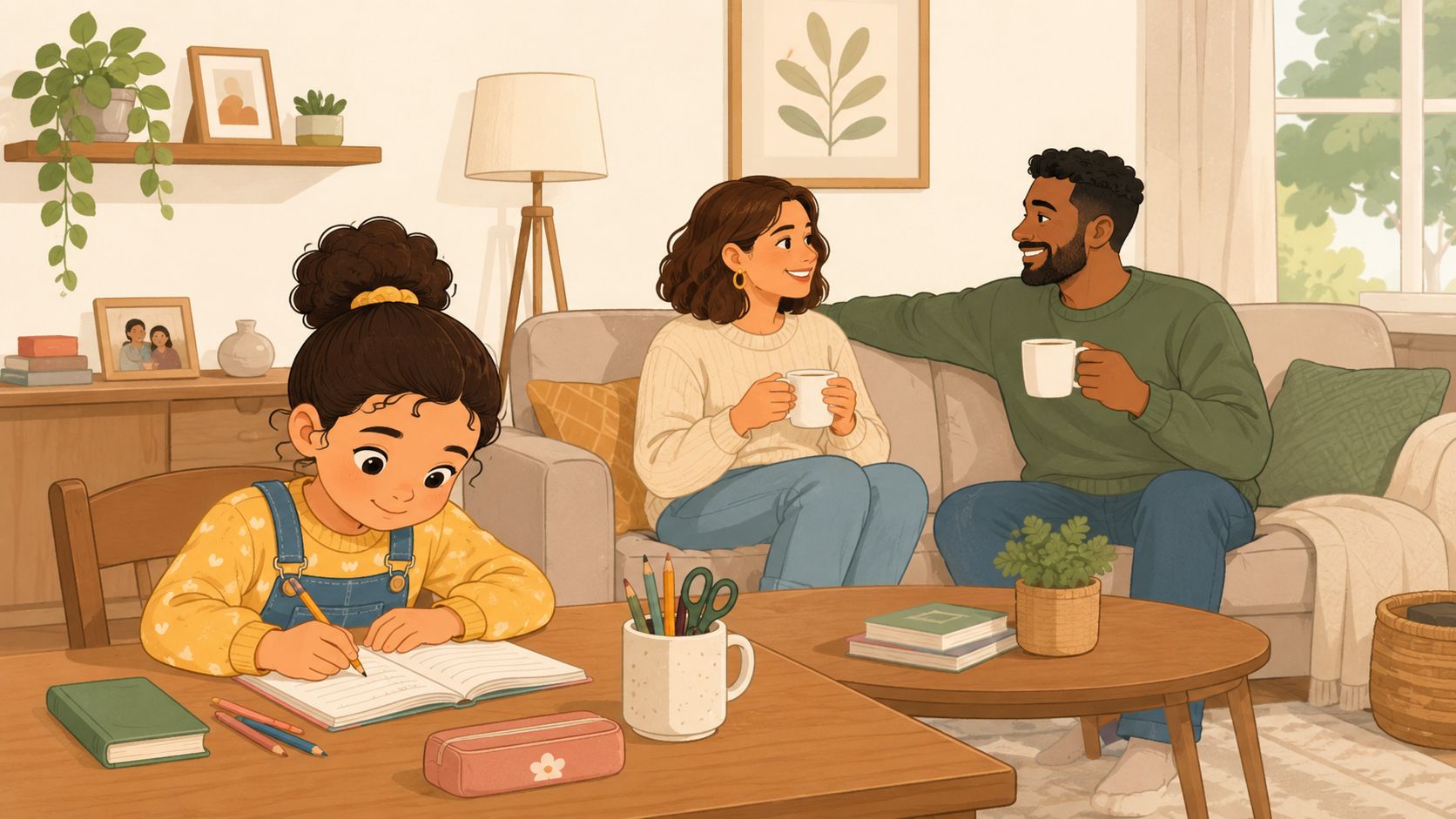 A young girl writing in a notebook at a table while her parents sit on a sofa nearby.