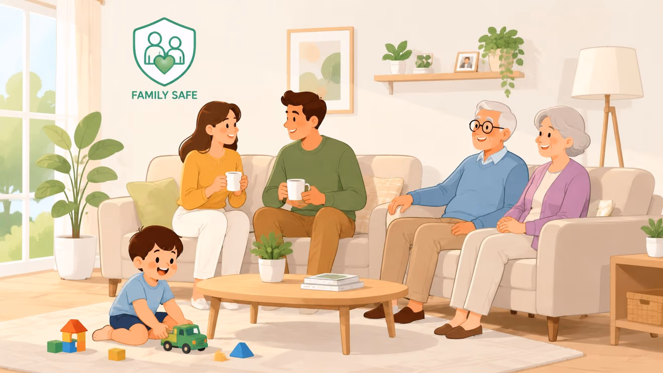 A happy multi-generational family sitting in a bright, modern living room with a protective shield icon above.