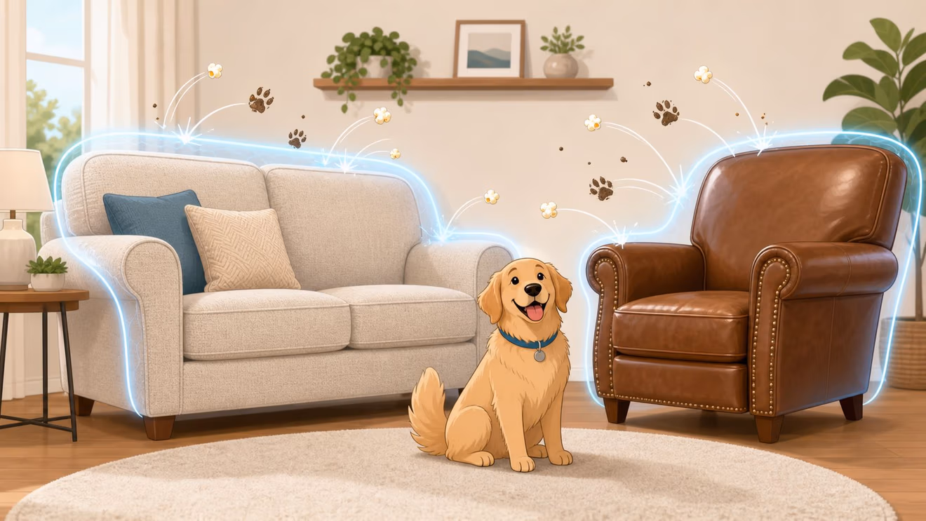 A happy golden retriever sits between a couch and armchair protected by invisible shielding against pet messes.
