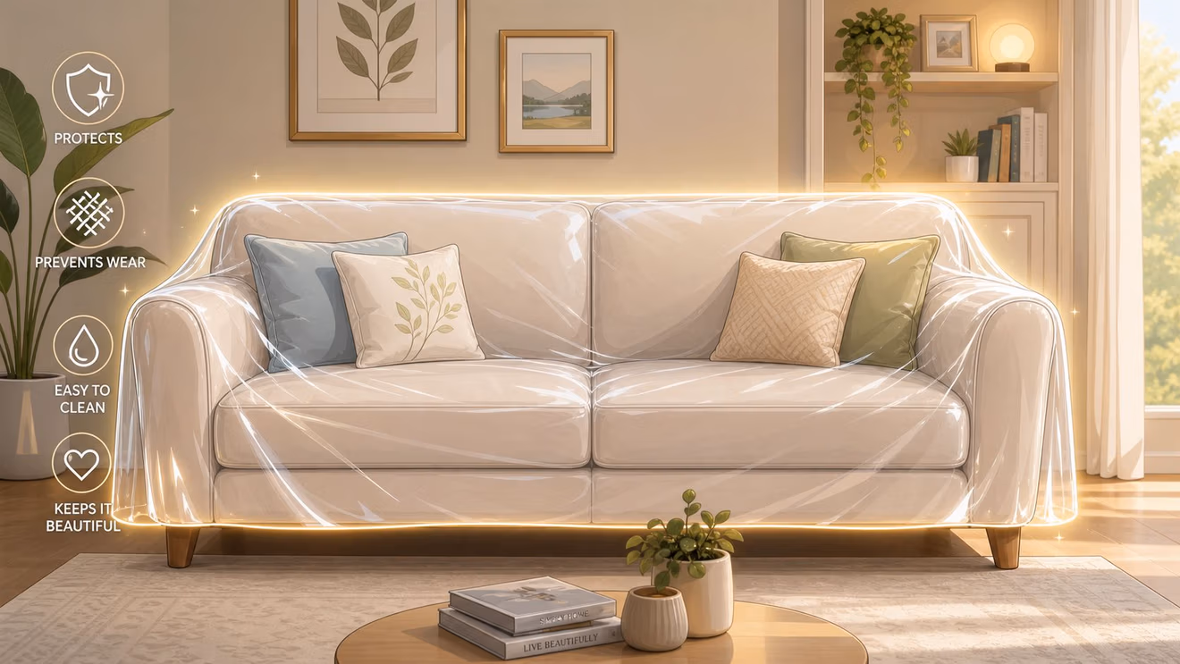 A beige couch covered with a clear plastic protective cover in a modern living room setting.