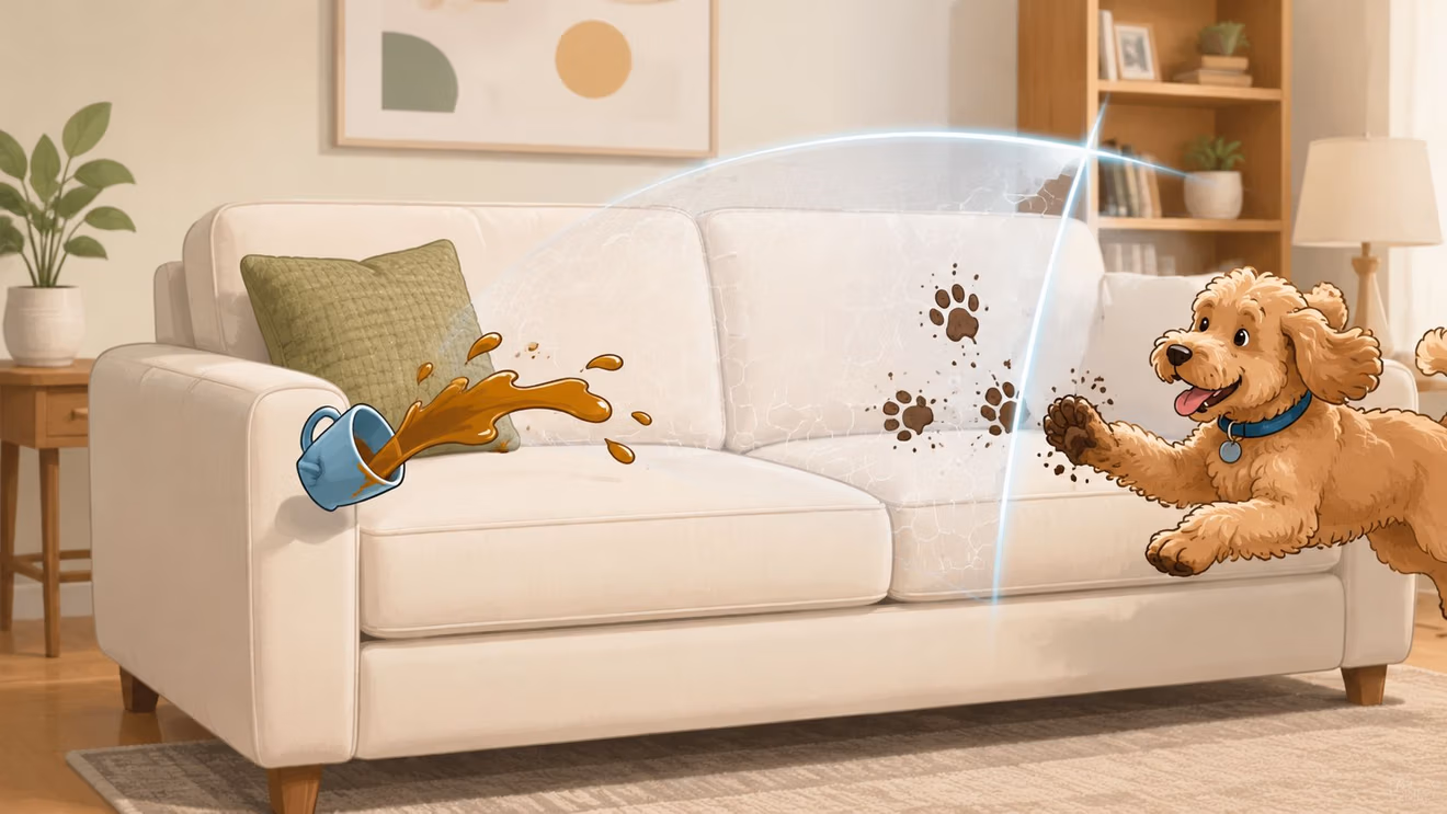 A light-colored sofa protected by an invisible shield repelling mud and spills from a dog and cup.