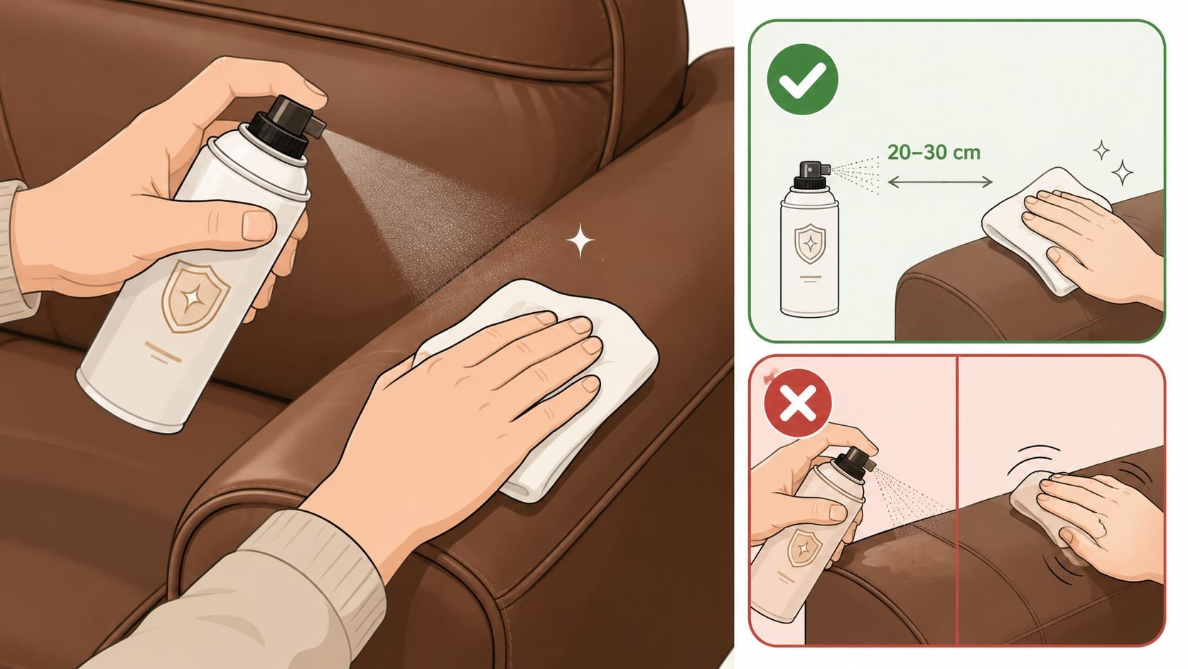 A diagram illustrating the correct and incorrect ways to apply a protective spray coating onto leather furniture.